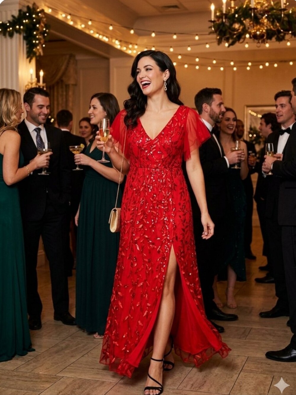 NWT Red Sequin Leaf Flutter Sleeve Formal Maxi Gown - Size 14